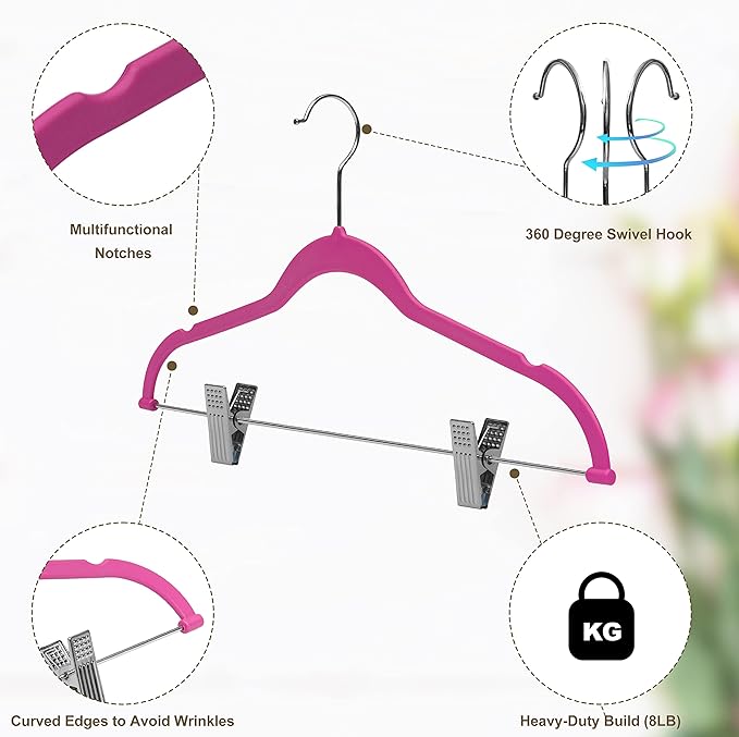 80 Pack Pink Quality Plastic Non Velvet Non-Flocked Thin Compact Coat Hangers with Metal Clips for Skirts Pants Blouses 360° Swivel Hook
