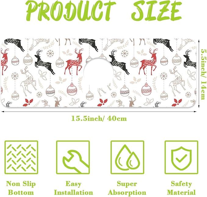Chrismas Sink Splash Guard Faucet Mat Christmas Absorbent Fast Drying Mat Sink Gadgets Splash Guard Behind Faucet Drip Catcher for Kitchen Bathroom 15.5"X5.5"