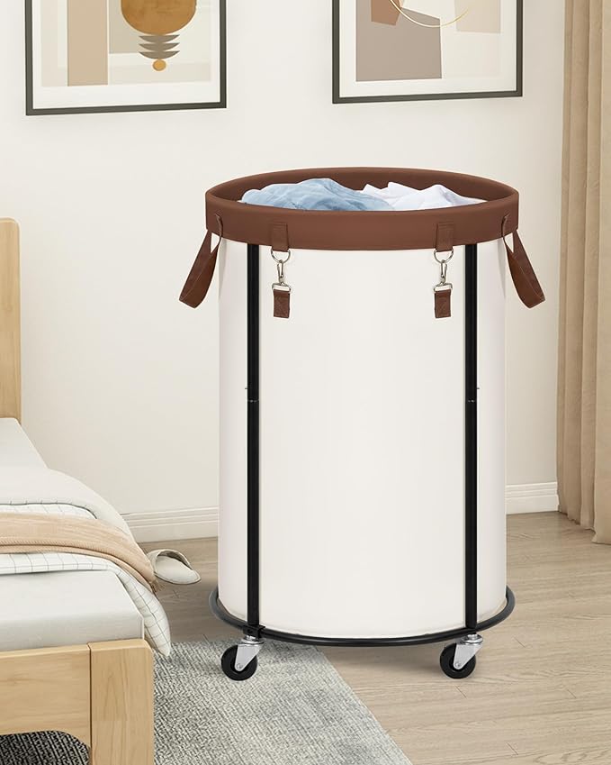 STORAGE MANIAC Rolling Laundry Hamper with Wheels 110L Laundry Basket, Round Laundry Cart with Metal Frame and Removable Bag, Clothes Hamper for Bedroom, Bathroom, Dorm Room, Laundry Room, Beige
