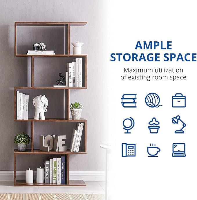 Cozy Castle Set of 2 Geometric Bookcase, S-Shaped Modern Bookshelf, Room Divider Bookshelf, 62" Tall Unique Abstract Bookcase with 5-Tier Display Shelf for Living Room Office, Rustic Brown