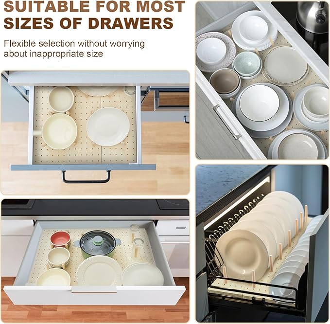 Kigley 6 Pcs Wood Pegboard Drawer Organizer with 48 Pegs - Peg Drawer Organizers for Dishes & Food Containers (20.98x5.91)