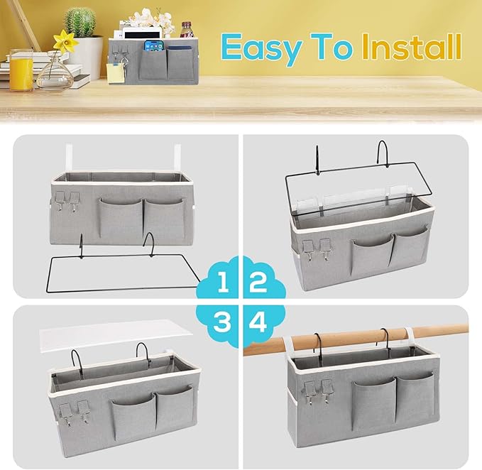 Kanrichu 1pcs Bedside Caddy Hanging Storage Bag, Organizer Baskets with Pockets for Bunk Bed Accessories, Loft & Dorm Rooms Chair Bed Rails (Grey-1pcs)
