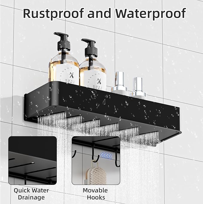 Shower Caddy Adhesive, No Drill Rustproof Bathroom Shelf, 2 Pack Large Capacity Aluminum Shower Shelves, Shower Organizer Rack with 5 Removable Hooks,Black