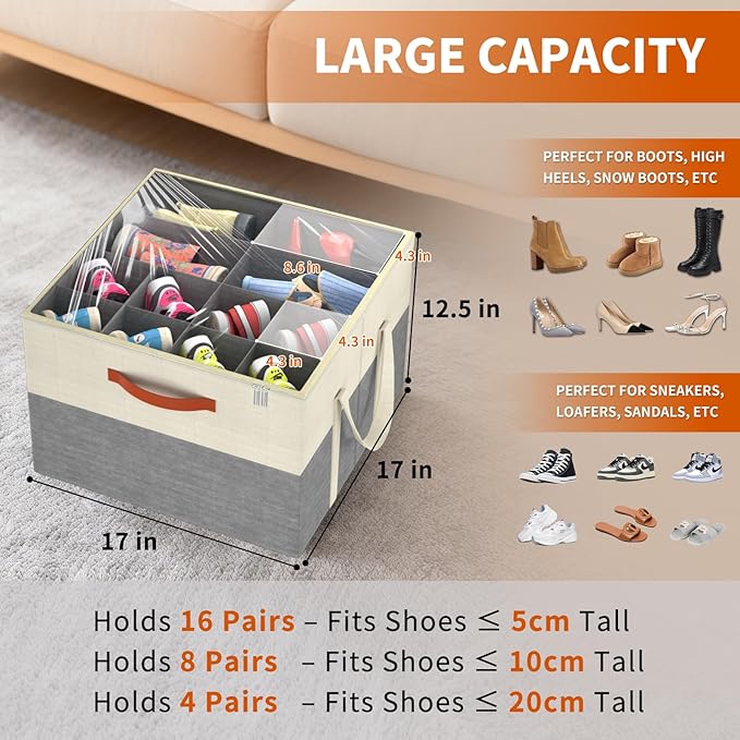 Aokeyee 2 Pack Shoe Organizer for Closet, Foldable Shoe Storage Organizer Box w/Clear Cover and Reinforced Handles, Space Saving Shoes Bin Fits up to 32 Pairs, Beige and Grey