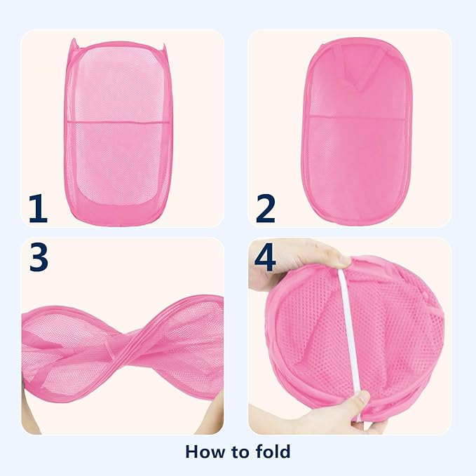 LXLOVESM Pop Up Laundry Hamper, Mesh Laundry Basket Collapsible, Foldable Hamper for Travel and Storage (Pink)