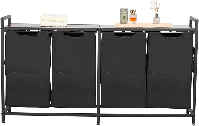 VEVOR 4 Section Laundry Sorter, Large Laundry Hamper with Metal Frame and Wooden Tabletop, Freestanding Storage Organizer Baskets with Pull-Out 600D Oxford Cloth Bags for Dirty Clothes, Bathroom