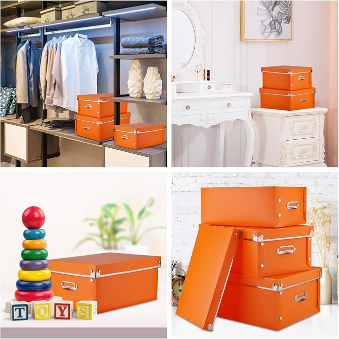 SEEKIND photo boxes storage, storage boxes with lids and Handles, 3 in 1 Set, Multiple Size(Small/Medium/Large) Plastic Box for Photos, tax papers, Cosmetic, Socks, Snacks, Etc(Orange)