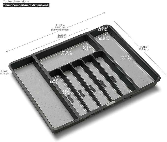 madesmart Expandable Silverware Tray, 8 Compartment Silverware Organizer for Forks, Knives & Spoons, Non Slip, Soft Grip Base, Expands to Fit Most Drawers, Carbon