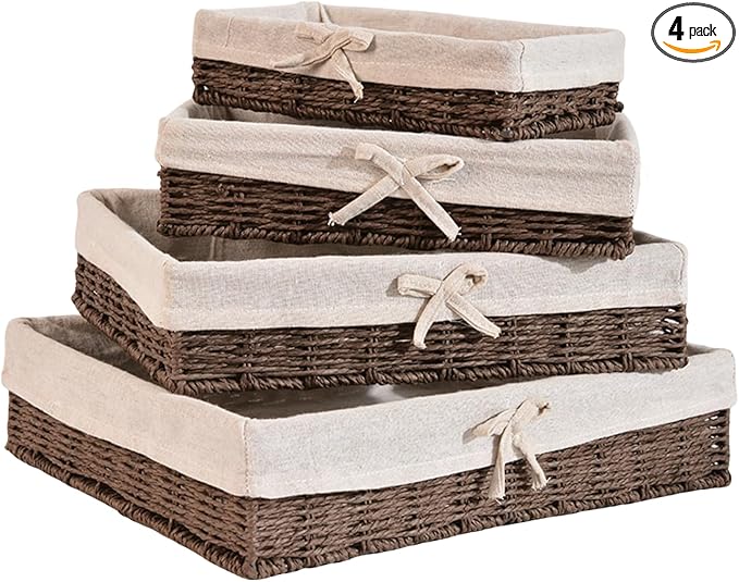 Set of 4 Storage Baskets for Shelves – Dark Brown Paper Rope, Fabric Lined Handwoven Shallow Rectangle Baskets, Decorative Bathroom Counter & Dresser Organizer Bins
