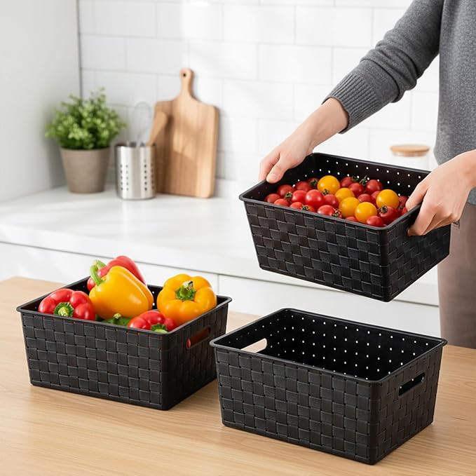 Bekith 5 Pack Woven Plastic Storage Basket, Small Plastic Storage Bin, Rectangular Cabinet Organizer for Home & Office, 9.8" L x 7" W x 4.5" H