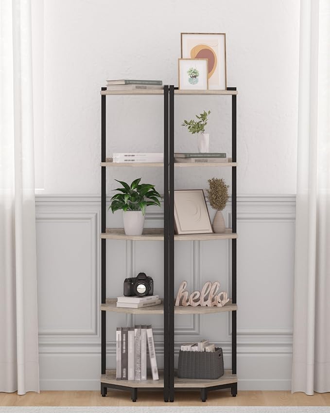 Corner Shelf Stand, Corner Bookshelf, Storage Standing Shelf Unit with Metal Frame, Plant Stand, Bookcase for Living Room, Home Office, Bedroom, 5-Tier Greige CS05905B