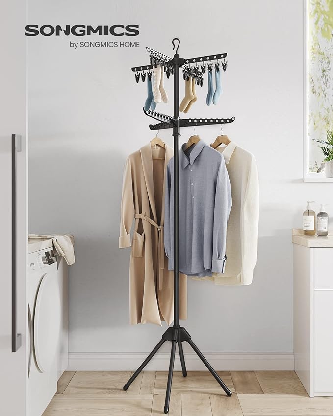 SONGMICS 2-Tier Clothes Drying Rack, 72-Inch Folding Laundry Drying Rack with 3 Rotatable Arms for Hangers, 24 Clips, Stainless Steel, for 27 Pieces of Clothes, Black ULLR512B01