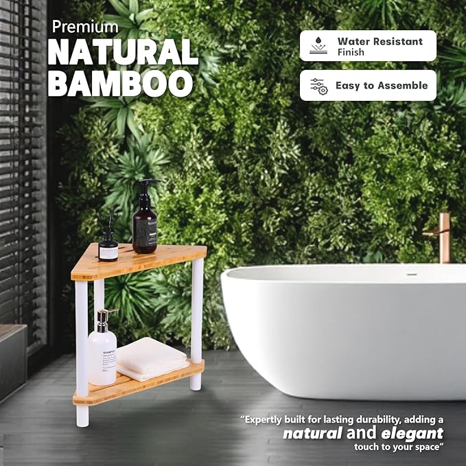 OKIIKOK Bamboo Corner Shower Stool for Inside Shower,2-Tier Waterproof Shower Bench Small Spaces,Shower Foot Rest with Storage Shelf Bath Seat White