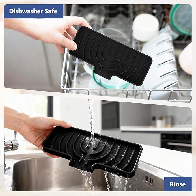 Silicone Sponge Holder for Kitchen Sink With Drain Spout, Self Draining, Kitchen Soap Tray, Bathroom Organizer, Sink Caddy, Perfect for Dispenser, Scrubber, Bottle, Cup on Counter (Black, 10×4)