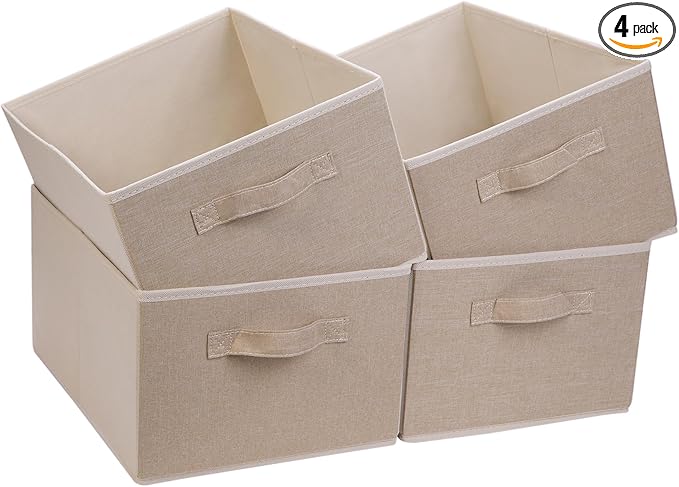 JAKAGO Fabric Storage Bins set of 4 Rectangle Storage Baskets with Handle Foldable Closet Organizer for Clothes Towel bedding Books Collapsible Clothing Container for Shelves Bedroom(Beige High)