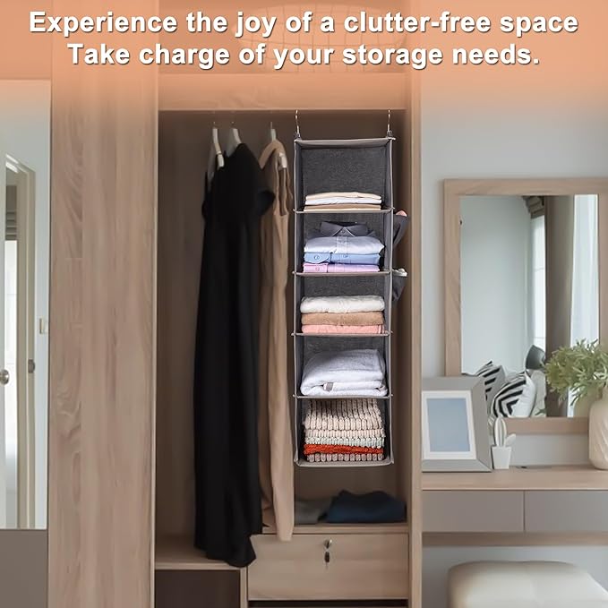 BOOMIBOO Hanging Closet Organize and Shelves，5-Hanging Shelf with 2 Side Pockets，Storage Foldable （Green）