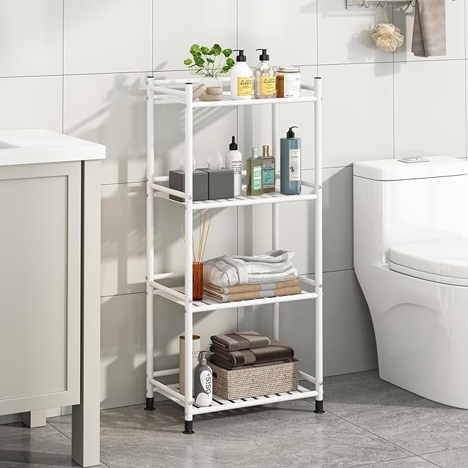 4 Tier Bathroom Storage Open Shelf Unit, Free-Standing Metal Corner Rack Shelving for Kitchen, Living Room, Hallway (White, Wider 4 Tier)