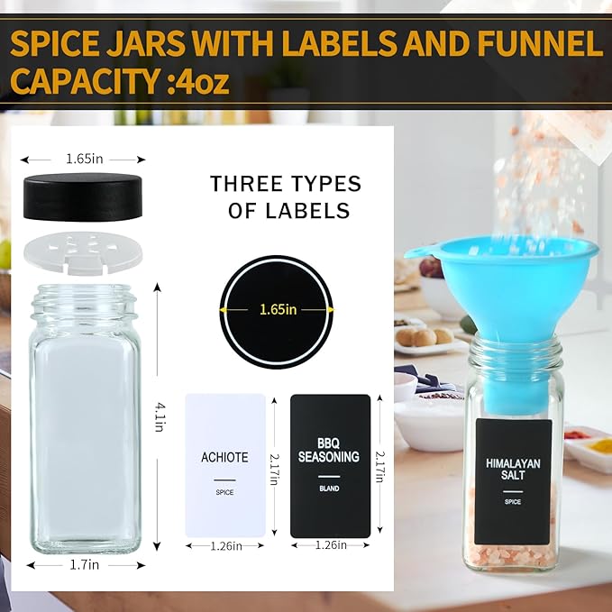48 Glass Spice Jars with Labels,Spice Jar Set,4oz Seasoning Containers,Spice Containers with Black Airtight Lids and Shaker Lids,Square Empty Spice Bottles, 492 Labels,1 Funnel
