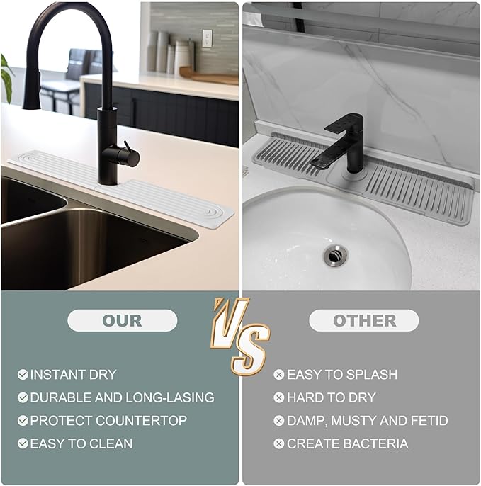 Meiliweser Stone Faucet Mat for Kitchen Sink, Quick Dry Diatomite Sink Splash Guard, Upgraded U-shaped Drying Sink Protectors, Non-Slip Stone Tray for Bathroom Counter (23.6"x4", White)