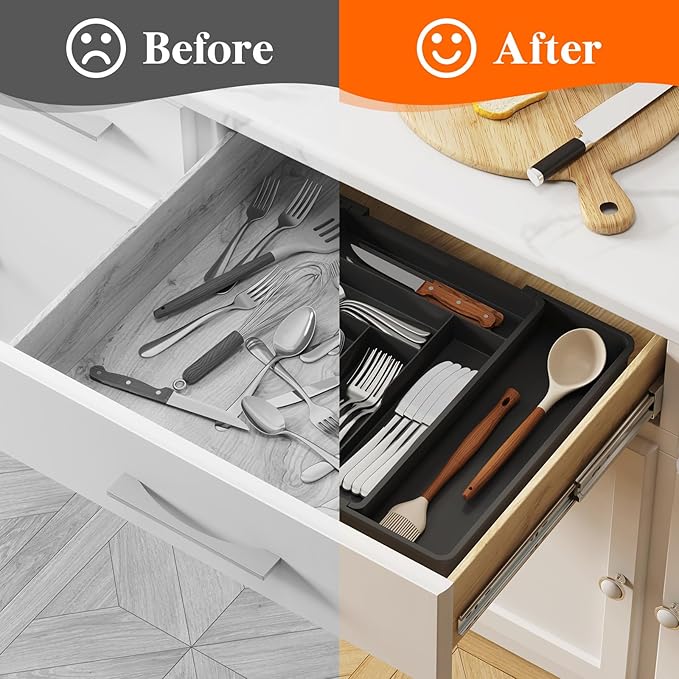 Lifewit Utensil Organizer for Kitchen Drawer, Expandable Cooking Silverware Tray, Adjustable Cutlery Flatware Holder, Plastic Spatula Tools Storage Divider, 13-22.3 x 16.7", Black