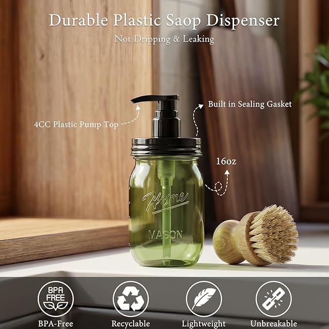 Amolliar Plastic Mason Jar Soap Dispenser with Pump Lid,16OZ Refillable Hand Soap Dispenser Set with Cute Lables - Farmhouse Decor for Kitchen Bathroom, Liquid Soap, Dish Soap, Lotion (2 Pack, Green)
