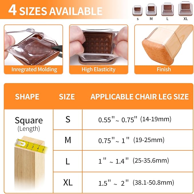 Ezprotekt 24 Pcs XL Square Clear Chair Leg Floor Protectors, Silicone Felt Furniture Pads Caps for Hardwood Floor, Dining Table Bar Stool Leg Protectors Leg Cups Covers (XL Fit: 1.5"-2")