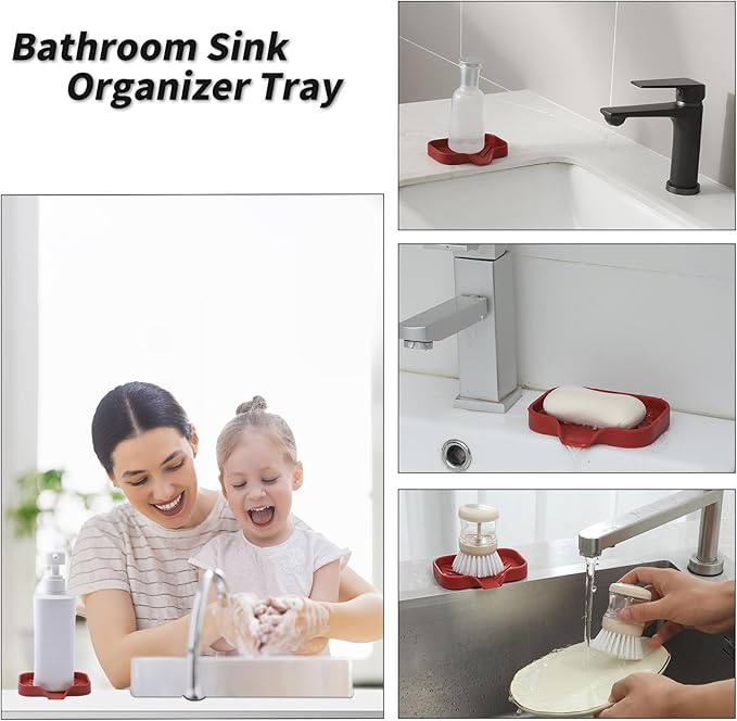 MicoYang Silicone Bathroom Soap Dishes with Drain Spout-Bathroom and Kitchen Sink Organizer,Sponge Holder,Dish Soap Tray,Perfect for Dispenser,Scrubber,Bottle,Cup on Sink or Counter-Red 4.9"×3.2"