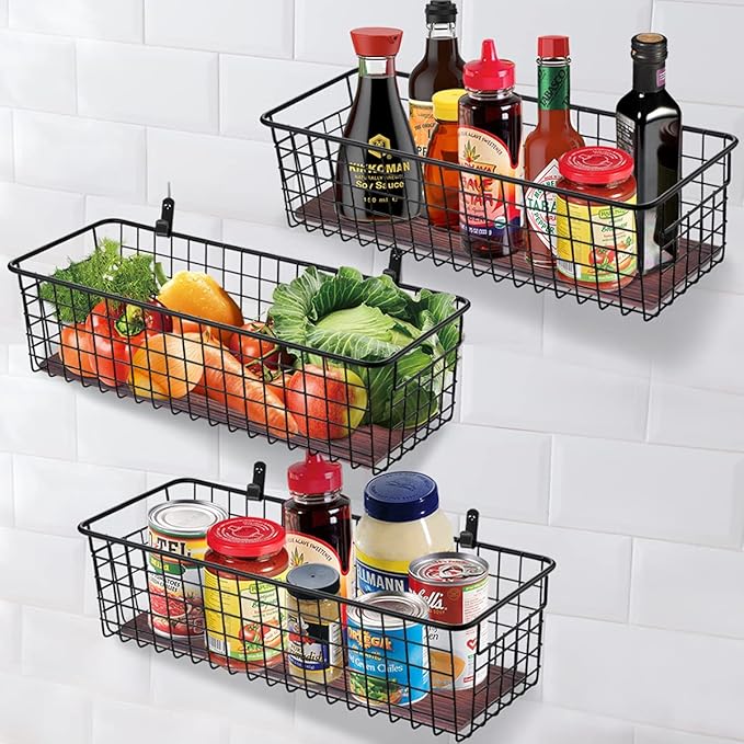 SheeChung 2 Set [Extra Large] Portable Metal Farmhouse Wall Decor Storage Organizer Basket Bin with Handles & Floating Shelves for Hanging in Bathroom, Kitchen, Office-Wall Mount Hooks, Black