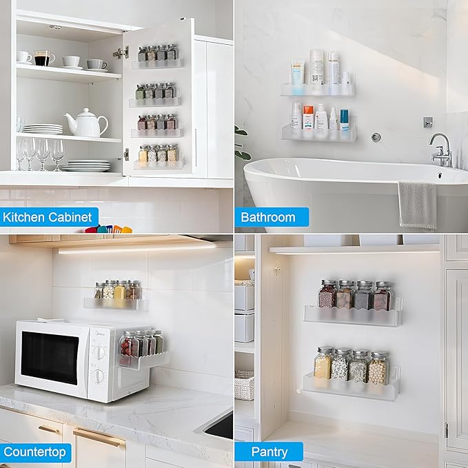 10 inch Spice Rack Wall Mounted,4 Pack Spice Organizer Shelf for Stove Cabinet Pantry Door, Adhesive or Screw Hanging Wall Spice Shelf Storage Holder in Kitchen and RV - Frost Color