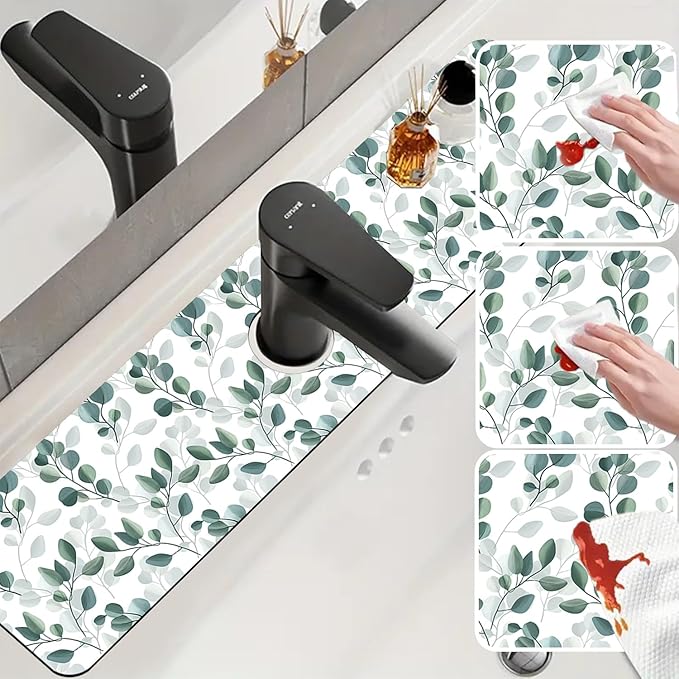 Sink Faucet Absorbing Mat Green Eucalyptus Leaf Sink Splash Guard Drying Mat for Kitchen Bathroom Faucet Sinkmat 23.5"X5.5"