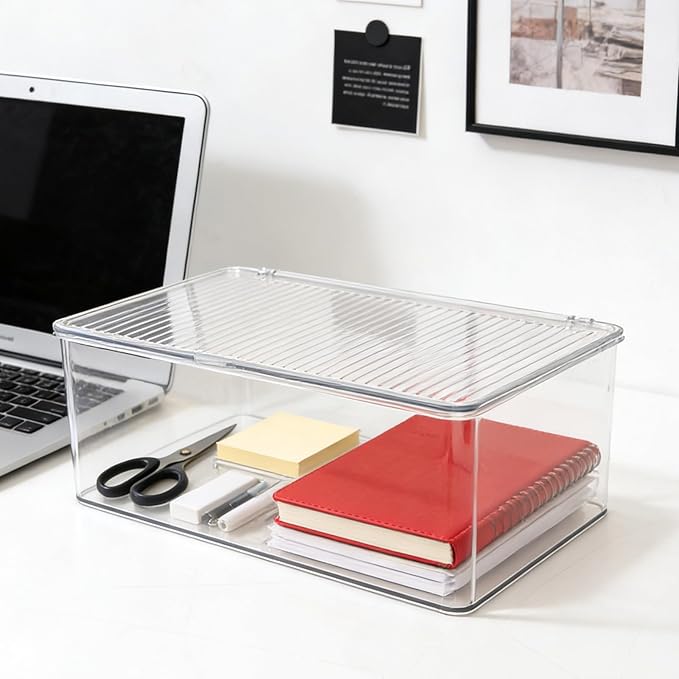Set of 3 Small Stackable Storage Bins with Hinged Lid, Clear Acrylic Organizer Boxes for Makeup, Cosmetics, Home and Office Supplies Storage