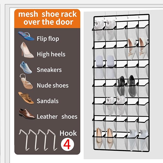 Lovetorejin 35-Pocket Over the Door Shoe Organizer - Large Mesh Hanging Shoe Rack for Closet, Dorm & Bathroom, HeavyDuty Storage Holder with 4 Metal Hooks, Space Saving Shoe Organizer
