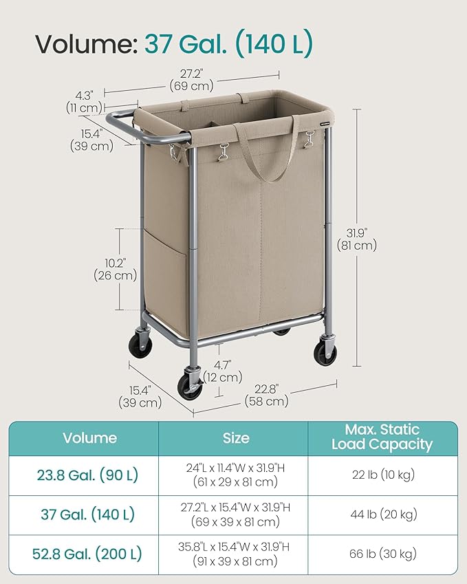 SONGMICS Laundry Basket with Wheels, 2-Section Rolling Laundry Hamper, 37 Gallons (140 L), Removable Liner, Steel Frame with Handle, 27.2 x 15.4 x 31.9 Inches, Camel Brown URLS004N01
