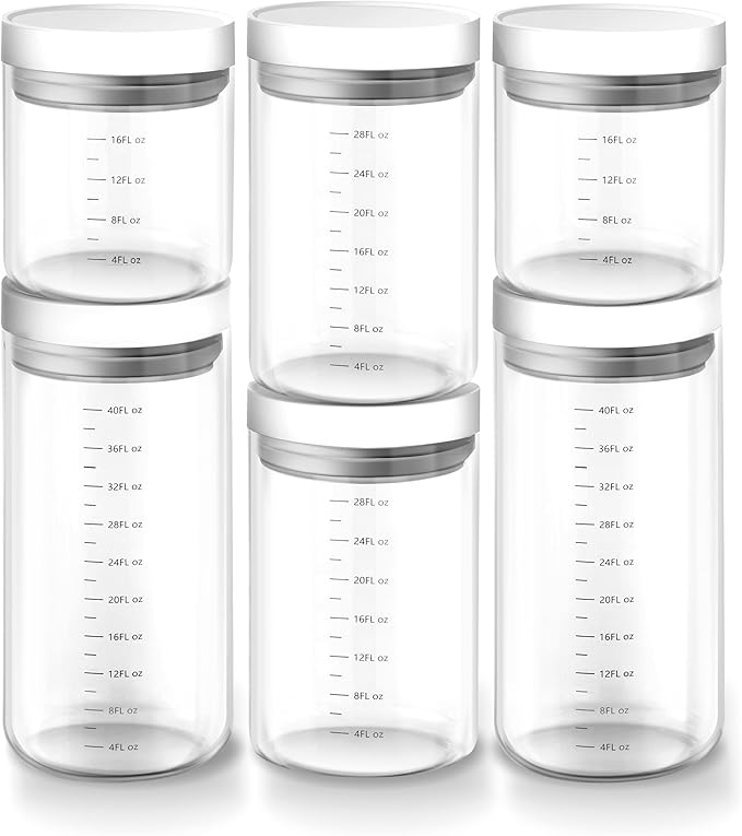 Danbark Set of 6 Mixed Sizes Airtight Glass Storage Canisters with Lids - Pantry Organizers and Storage Glass for Kitchen - for Pantry, Flour, Sugar, Coffee, Tea, Pasta, Rice, and Snacks - White