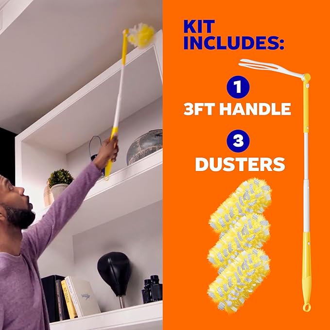 Swiffer Duster Kit with 3 ft Extendable Handle, Heavy Duty Dusting Starter Kit with 3 Refills, for Ceiling Fans, Vents and Hard to Reach Places
