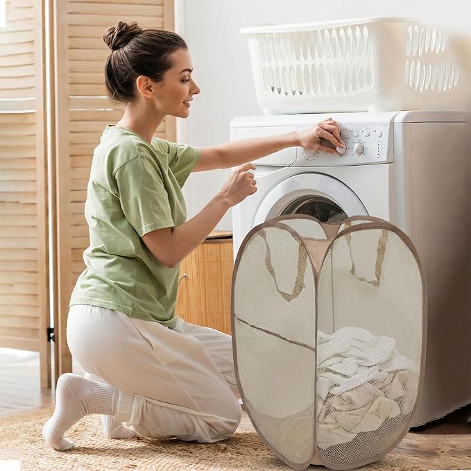 The upgraded pop-up laundry basket features a breathable side pocket mesh design, making it ideal for rooms, apartments, dormitories, travel, business trips, and children's storage (1,light brown)