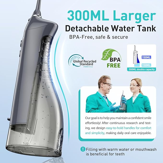 COSLUS Water Dental Flosser Teeth Pick C20(F5020E): Portable Cordless Oral Irrigator 300ML Rechargeable Travel Irrigation Cleaner IPX7 Waterproof Electric Flossing Machine for Teeth Cleaning, Grey
