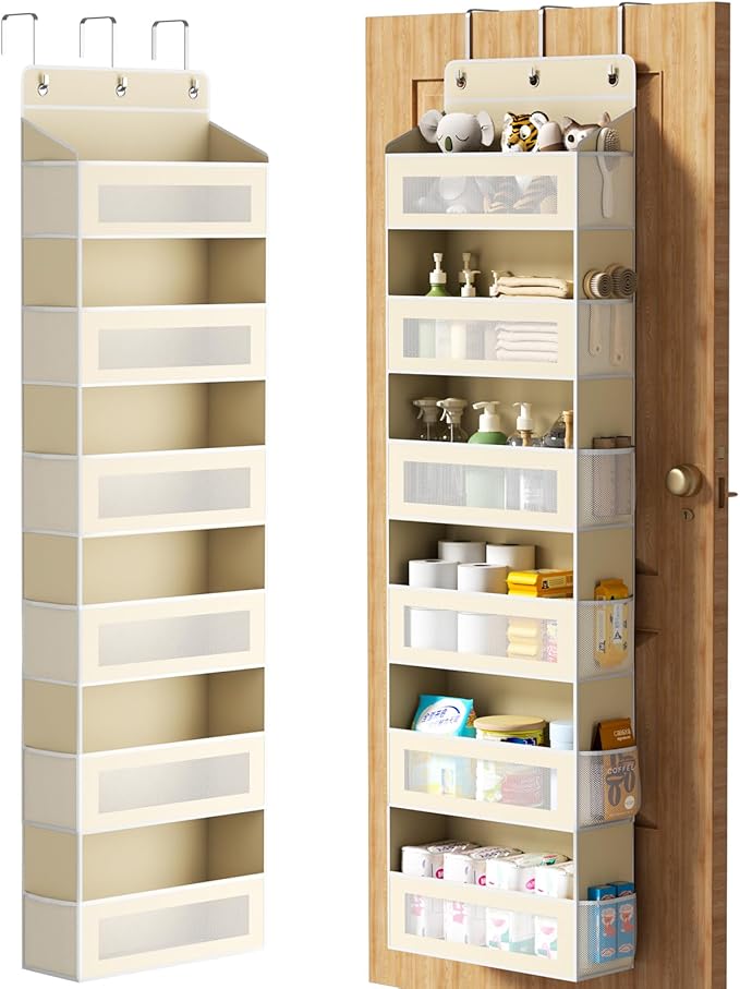 Over The Door Organizer with 6 Large Pockets, Over the Door Storage 12 Side Pockets, Hanging Door Organzier 44 lb Load Behind Door Storage Hanging Shelf for Closet Wall Bathroom Nursery, 6-Tier Beige
