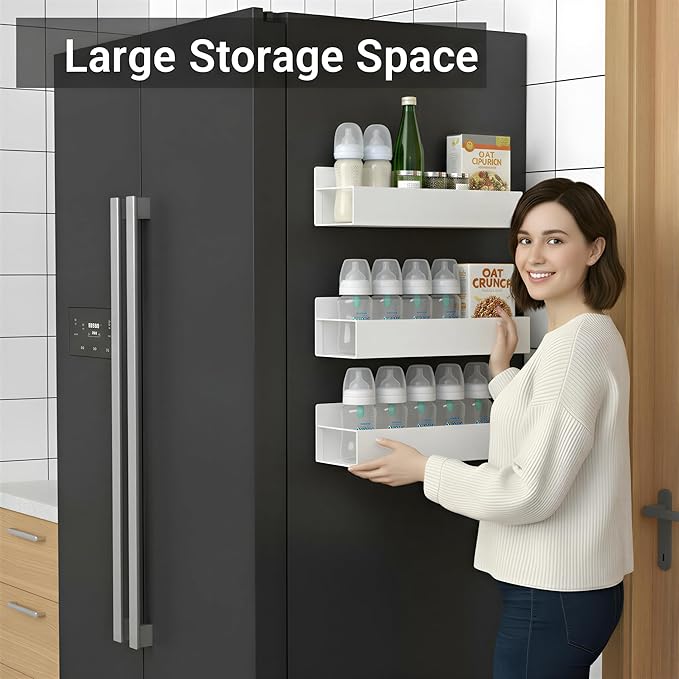 MGY 3Pack Magnetic Baby Bottle Organizer for Refrigerator,Space-Saving Storage for Baby Bottles, Metal Shelf with 4 Hooks,Station Organizer for Bottles