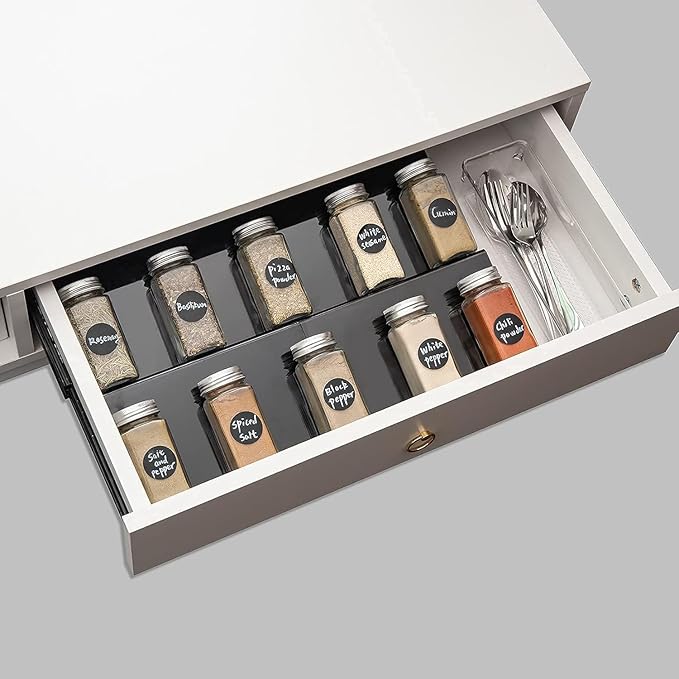 6PCS Expandable Spice Drawer Organizer Insert, Adjustable Tiered Countertop Tray for Spice Jars - Fits Kitchen Drawers (6, Black)