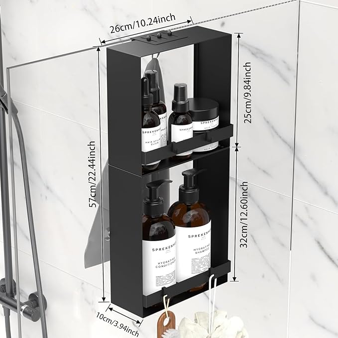 Over the Glass Shower Caddy Hanging, 2 Tier Stainless Steel Rustproof Shower Organizer Over Door with Removeable 4 Hooks & 2 Suction Cup, Bathroom Organizers and Storage Rack, Bathroom Decor - Black