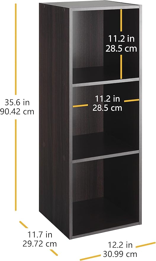 Whitmor 3 Cube Storage Organizer, 3 Tier Stackable MDF Wood Bookcase, Open Storage Display Bookshelf, Storage Cabinet for Living Room, Bedroom, Home, Office, 12.2" L x 11.7" W x 35.6" H, Espresso