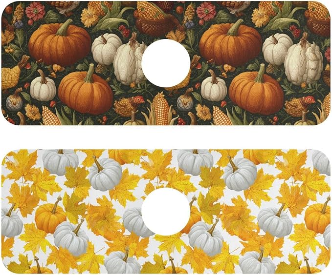 Vintage Pumpkin Flower Mapkle Leaves Fall Kitchen Sink Splash Guard Sink Faucet Mat Faucet Handle Drip Catcher Drain Mats for Kitchen Bathroom Countertop Absorbent Dish Drying Pad 2P