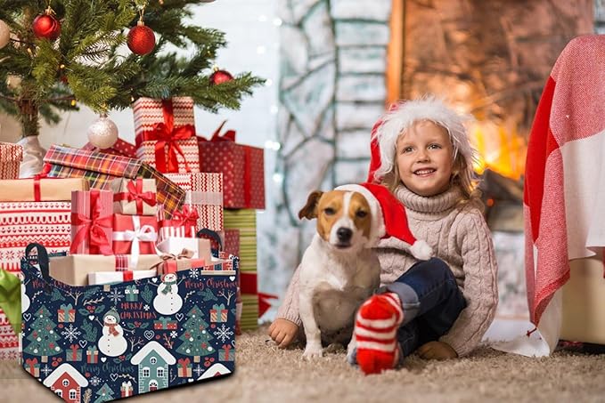 Rectangular Christmas Baskets,Snowman Basket Empty,Waterproof PE Coating Cute Bins for Kids with Handles,Gifts Baskets,Books Bin. (Blue Snowman)