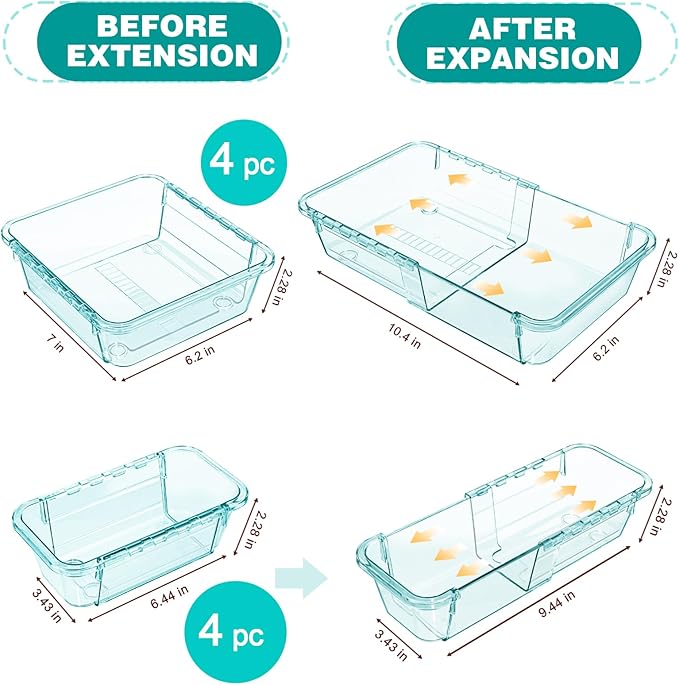 8 Pcs Mixed Extendable Clear Drawer Organizer, All Adjustable Vanity Storage Box, 4-Size Desk Drawer Organizer, Acrylic Storage Bins for Makeup, Bedroom Dressers Tool Organizer for Gadgets, Blue