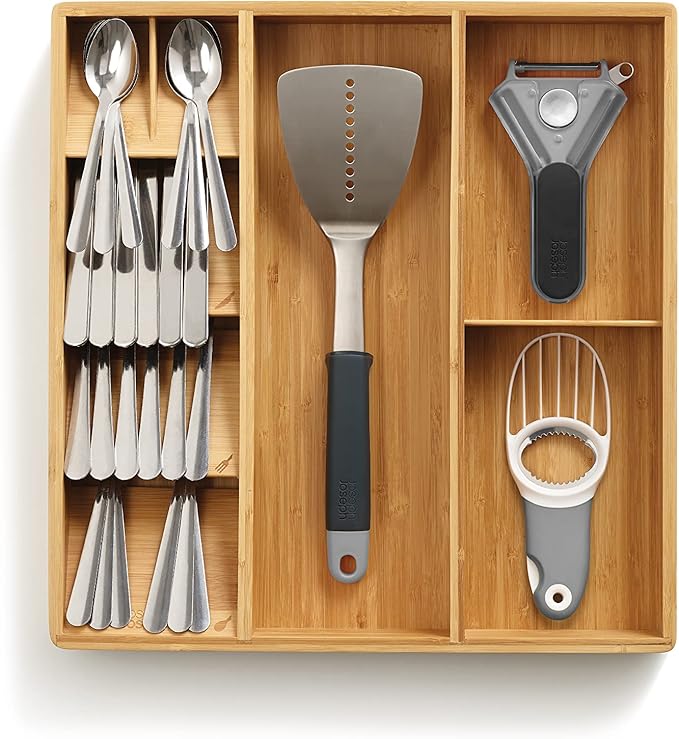Joseph Joseph DrawerStore Compact Utensil Organizer For Kitchen Drawer Silverware, Flatware Tray, Large, Bamboo