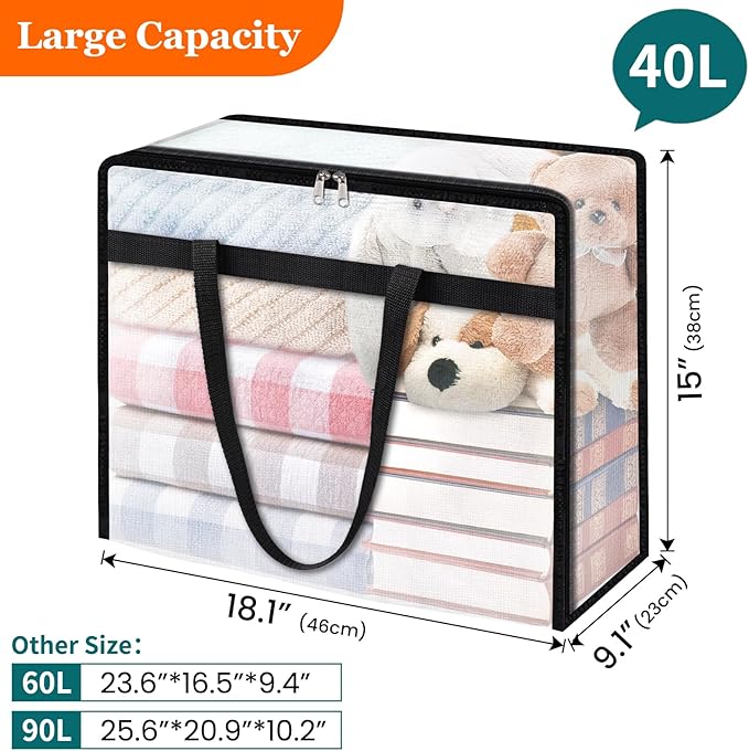 4 Pack Clear Storage Bags for Comforter, Clothes & Bedding, Plastic Blanket Storage with Zipper and Handle, Moving Bags, Closet Organizer and Under-Bed Storage (40L)