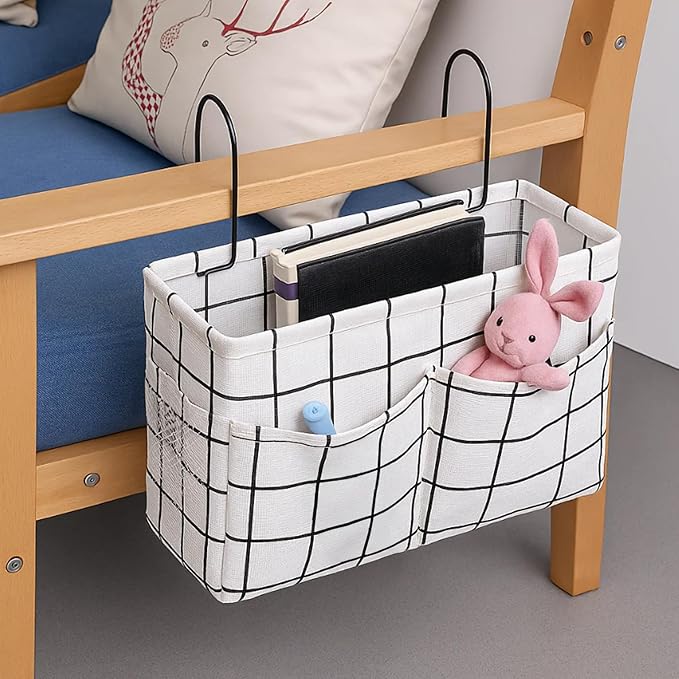 Bedside Caddy Organizer Hanging Storage Basket with Large Pockets & Hooks, Heavy-Duty Canvas Bedside Organizer for Bunk Beds, Dorm Rooms, Hospital Beds & Small Spaces (White Grid Pattern)