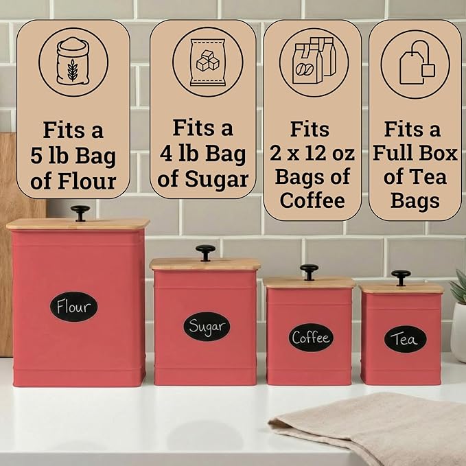 Kitchen Canisters for Countertop Set of 4 with Customizable Chalkboard Labels & Marker Pen - Big Iron Kitchen Canister Set with Airtight Lids - Red Canisters - Sugar Tea Coffee Containers Sets