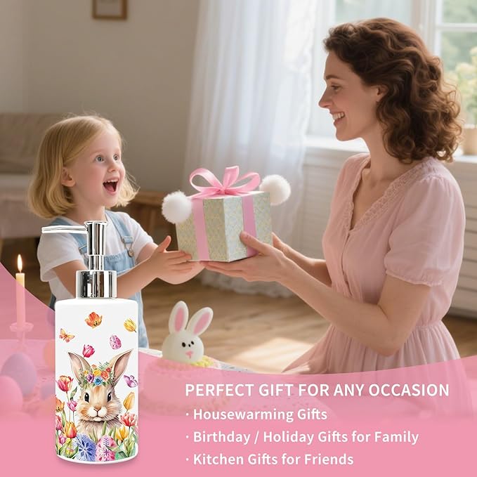 JarThenaAMCS Easter Soap Dispenser Glass Dispenser with Pump Floral Bunny Rabbit Flower Refillable Liquid Soap Container for Spring Kitchen Bathroom Countertop Decor